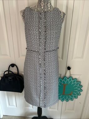 Chapter One Black & White Frayed Tweed Sleeveless Shift Dress - Size 8